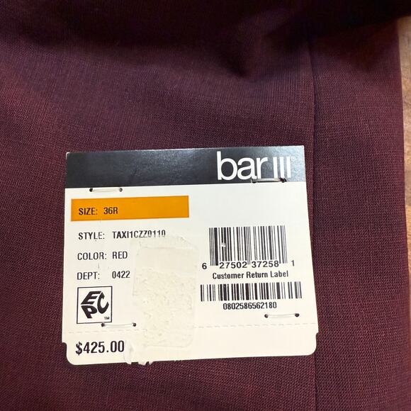 Bar III Men's Slim-Fit Wool Blend Suit Jacket Berry Red 36R $425 - Picture 10 of 10